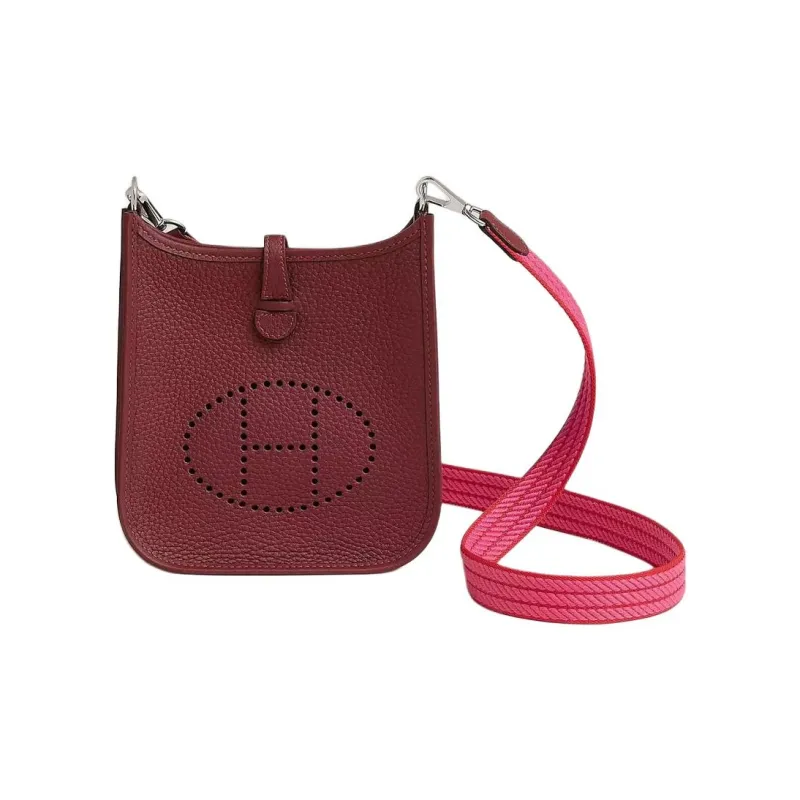 HERMES Evelyne Clemence Bullock Leather Shoulder Bag Crossbody Bag Women's Rouge Red With Pink Accents-0