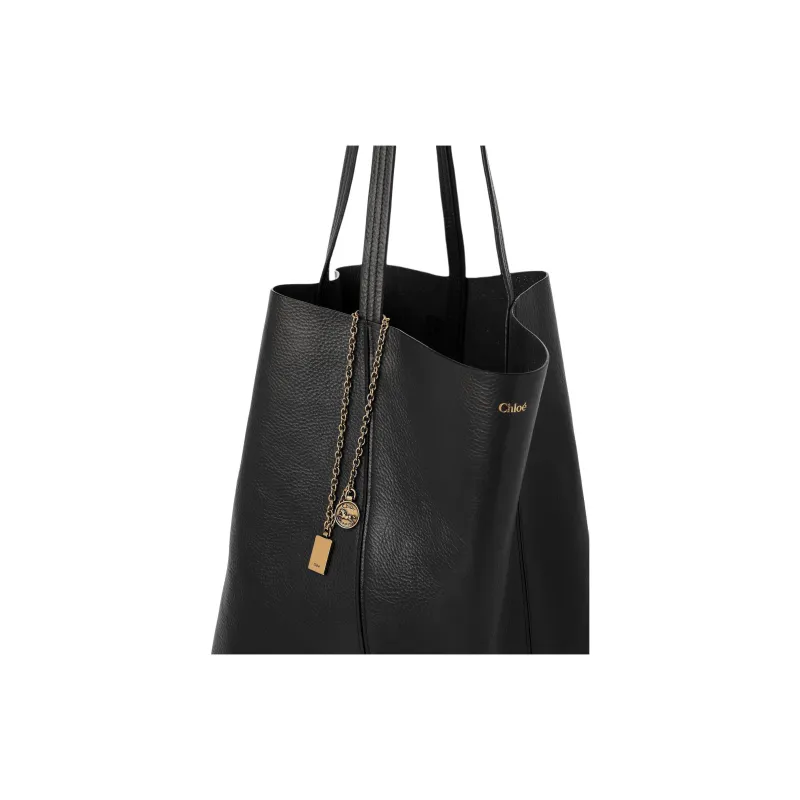 Chloe Cow Leather Tote Bag Shopping Bag Handbag Shoulder Bag Large Size Women's Black-4