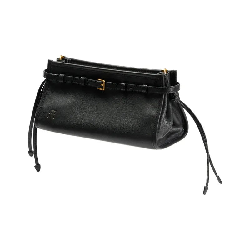 SUPERMERCY Vegetable Tanned Cow Leather Boston Bag Shoulder Bag Crossbody Bag Medium Size Women's Ink Black-0