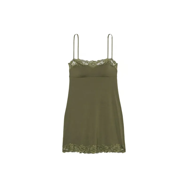 Victoria's Secret Modal & Lace Trim Straight-Neck Slip Dress / Casual Olive Nightgown Women's Casual Olive-0