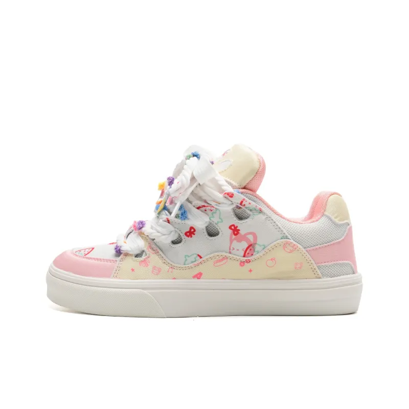 ALI THE FOX Anti Slip Wear Resistant Lightweight Breathable Low Top Skateboard Shoes Women's Pink Yellow Strawberry-1