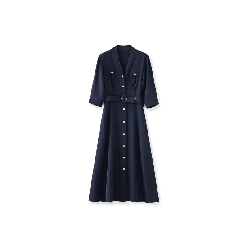 CHARM PICK Short Sleeved Dress Women's Navy Blue-1