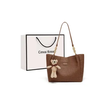 Simvay Clos PVC And Synthetic Leather Shoulder Bag Handheld Tote Shopping Bag Large Size Women's Coffee/Ecru