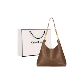 CinvaiKrose Cow Leather Patchwork Synthetic Leather Handheld Tote Bag Shoulder Bag Large Size Women's Khaki/Black