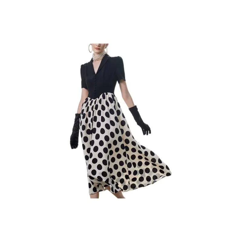 BESIONIA Short Sleeved Dress Women's Black Dot-1