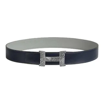 HERMES Calfskin Leather Belts Men's Black Gray Color Width: 3.8CM