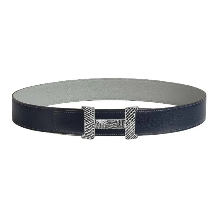 HERMES Calfskin Leather Belts Men's Black Gray Color Width: 3.8CM-0