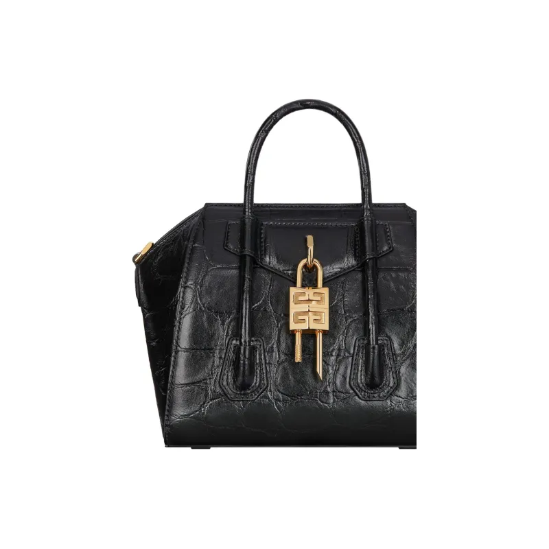 Givenchy Antigona Crocodile Pattern Embossed Cow Leather Shoulder Bag, Crossbody Bag, Handbag Mini Women's Black-4