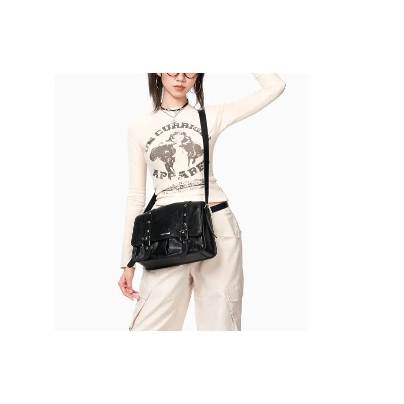 ONE TIME Synthetic Leather Workwear Messenger Bag, Shoulder Bag Women's Punk Black-3