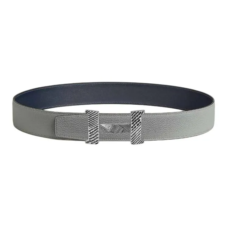 HERMES Calfskin Leather Belts Men's Black Gray Color Width: 3.8CM-1