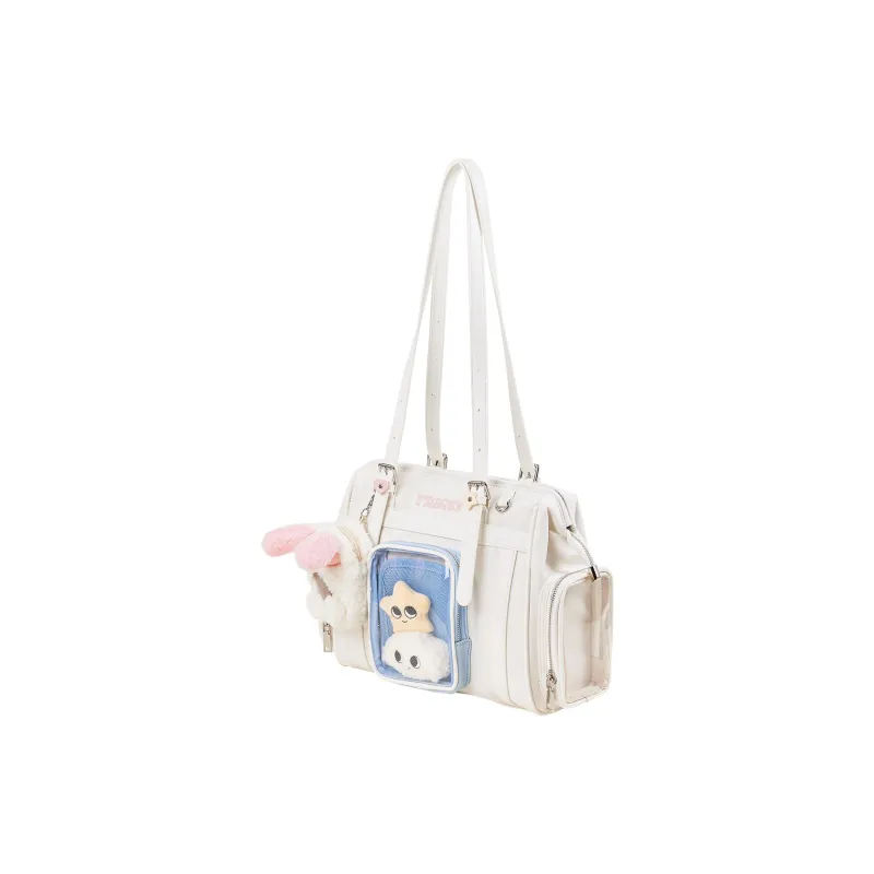 Sound For Life Fabric Double Shoulder Crossbody Bag, Shoulder Bag Women's Denim Blue/Ecru-5