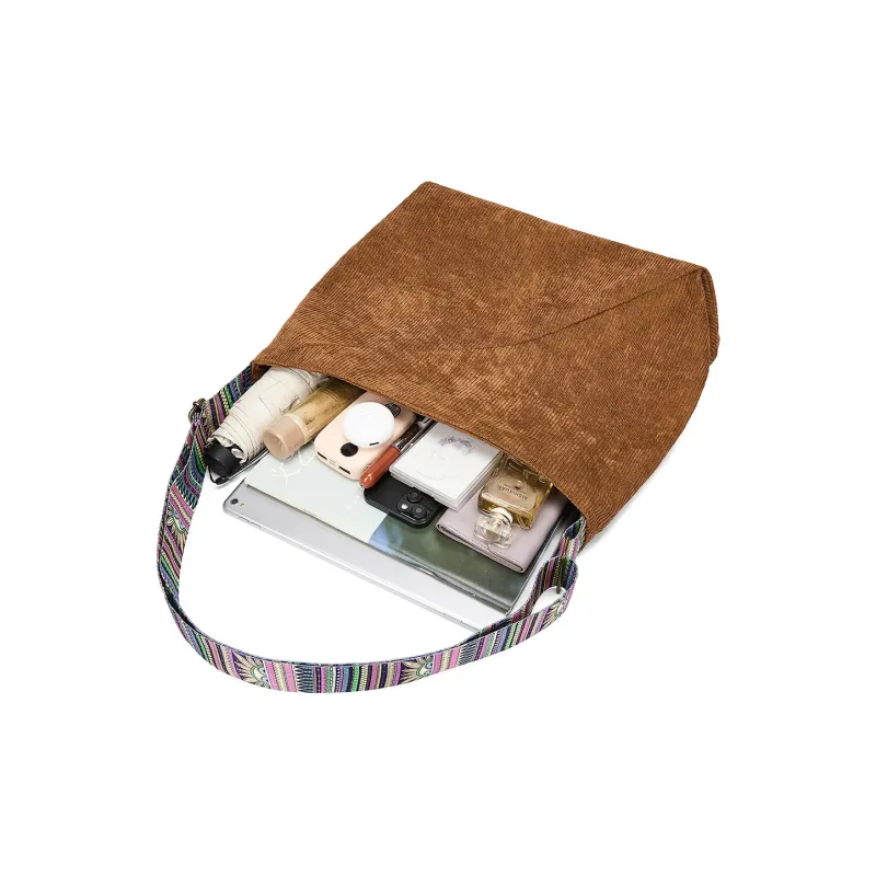 ST&SAT Fabric Shoulder Bag, Crossbody Bag, Tote Bag Large Size Women's Brown/Gray-5