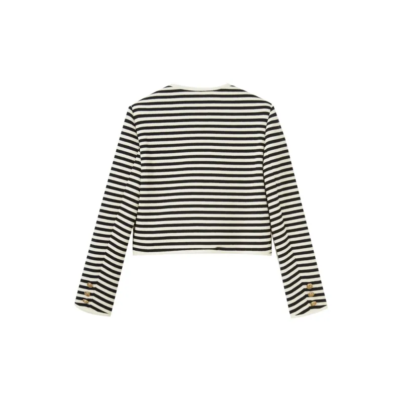 SHUIYUNJIAN Cropped Coat Women's Sapphire Black Stripes-1