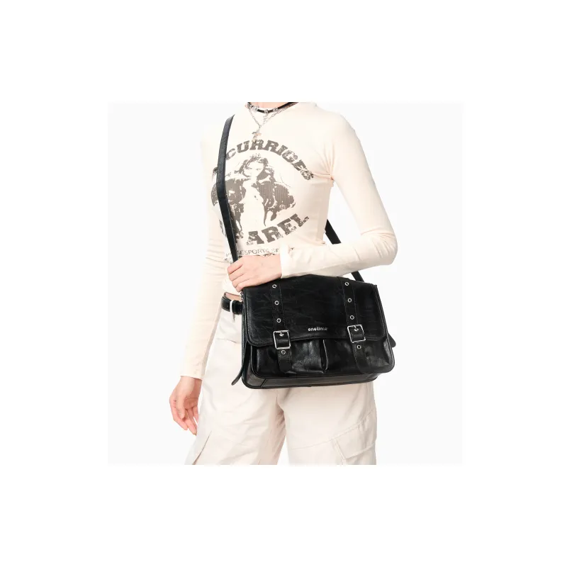 ONE TIME Synthetic Leather Workwear Messenger Bag, Shoulder Bag Women's Punk Black-5