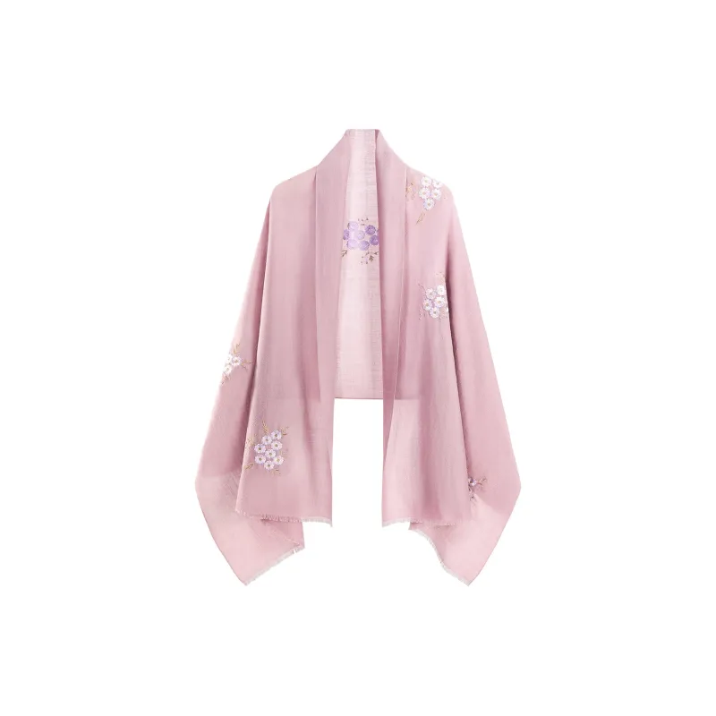 Shanghai Story 100% Sheep Wool Knit Scarves Women's Pinkish Purple Cherry Blossom-9