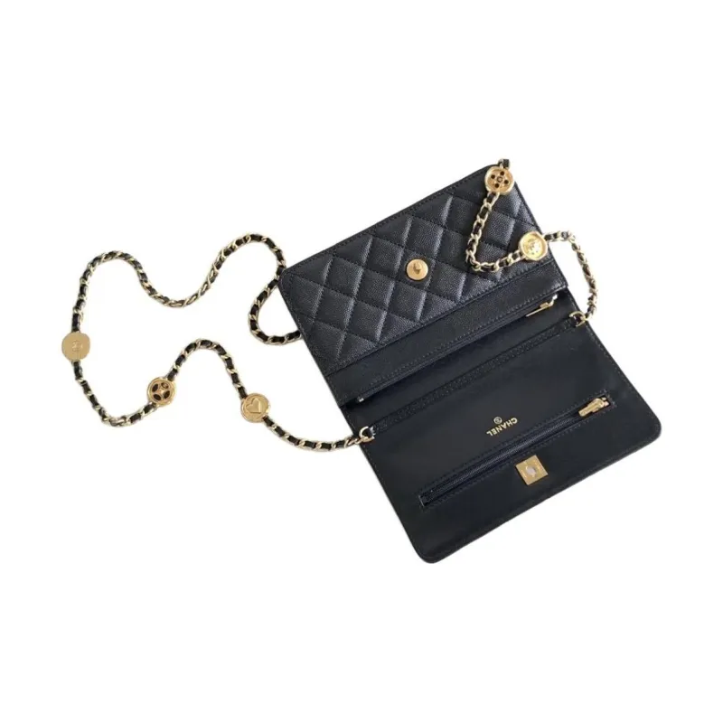 CHANEL 24A WOC Gold Coin On Chain Leather Crossbody Bag Women's Black-3