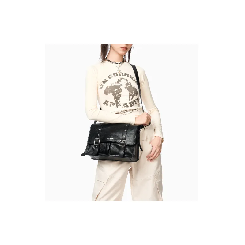 ONE TIME Synthetic Leather Workwear Messenger Bag, Shoulder Bag Women's Punk Black-2