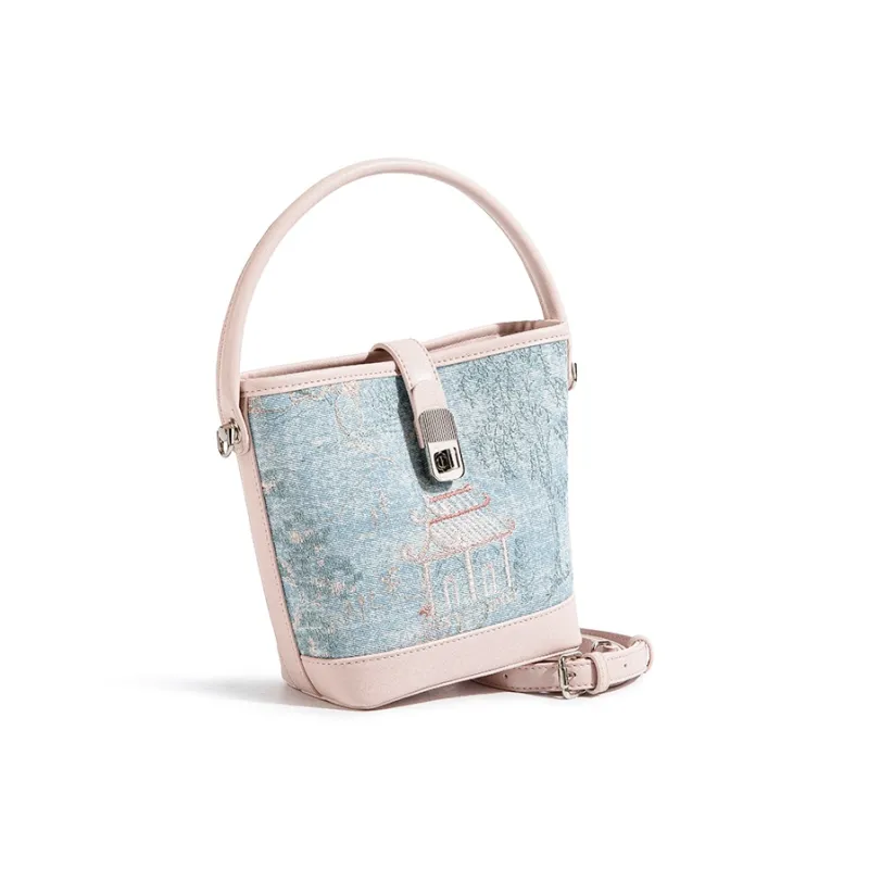 CAEISL&KCIEL Polyurethane Synthetic Leather Handbag Crossbody Bag Regular Women's Blue And White Embroidered Pink-3