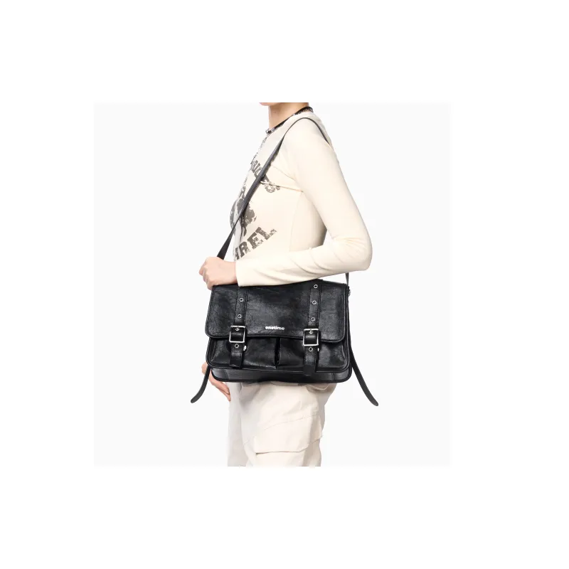 ONE TIME Synthetic Leather Workwear Messenger Bag, Shoulder Bag Women's Punk Black-4