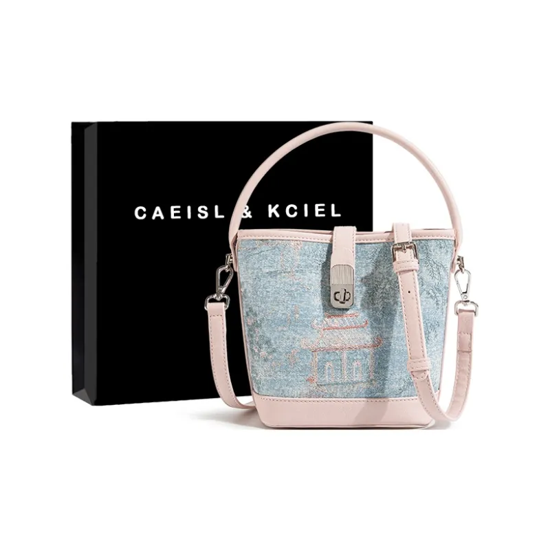 CAEISL&KCIEL Polyurethane Synthetic Leather Handbag Crossbody Bag Regular Women's Blue And White Embroidered Pink-0