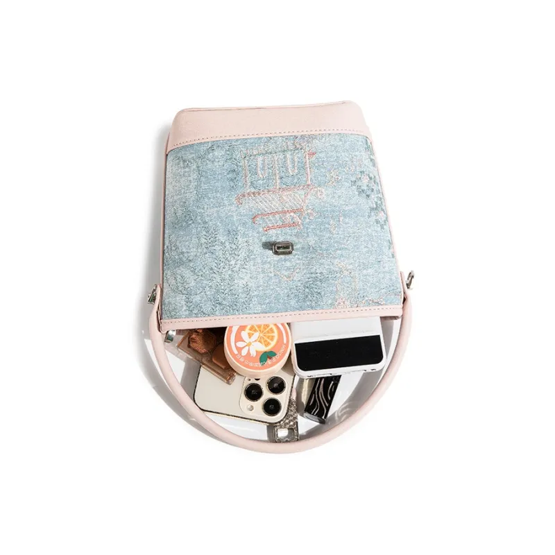 CAEISL&KCIEL Polyurethane Synthetic Leather Handbag Crossbody Bag Regular Women's Blue And White Embroidered Pink-5