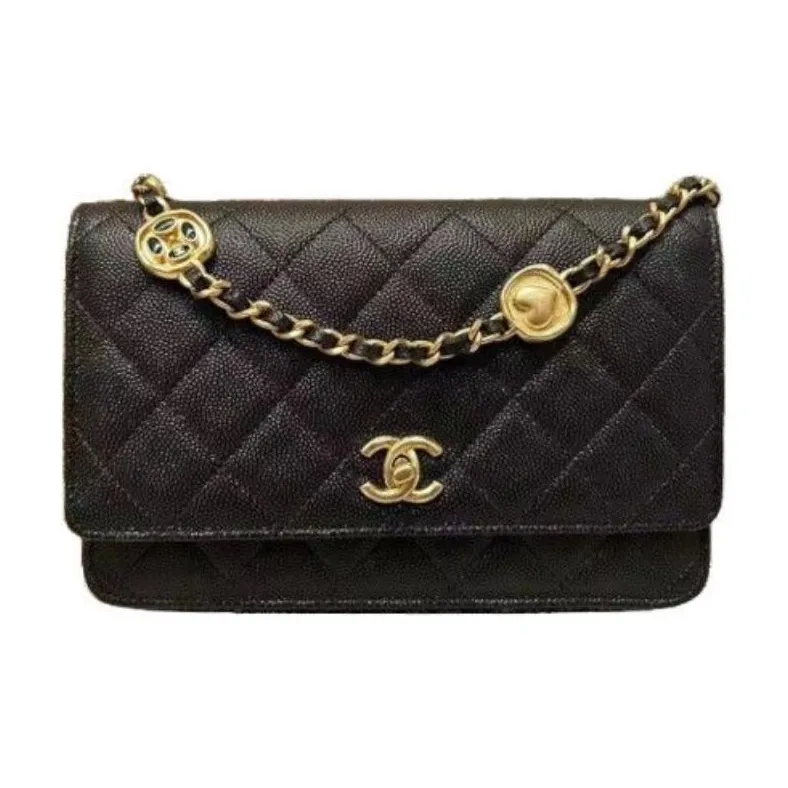 CHANEL 24A WOC Gold Coin On Chain Leather Crossbody Bag Women's Black-0