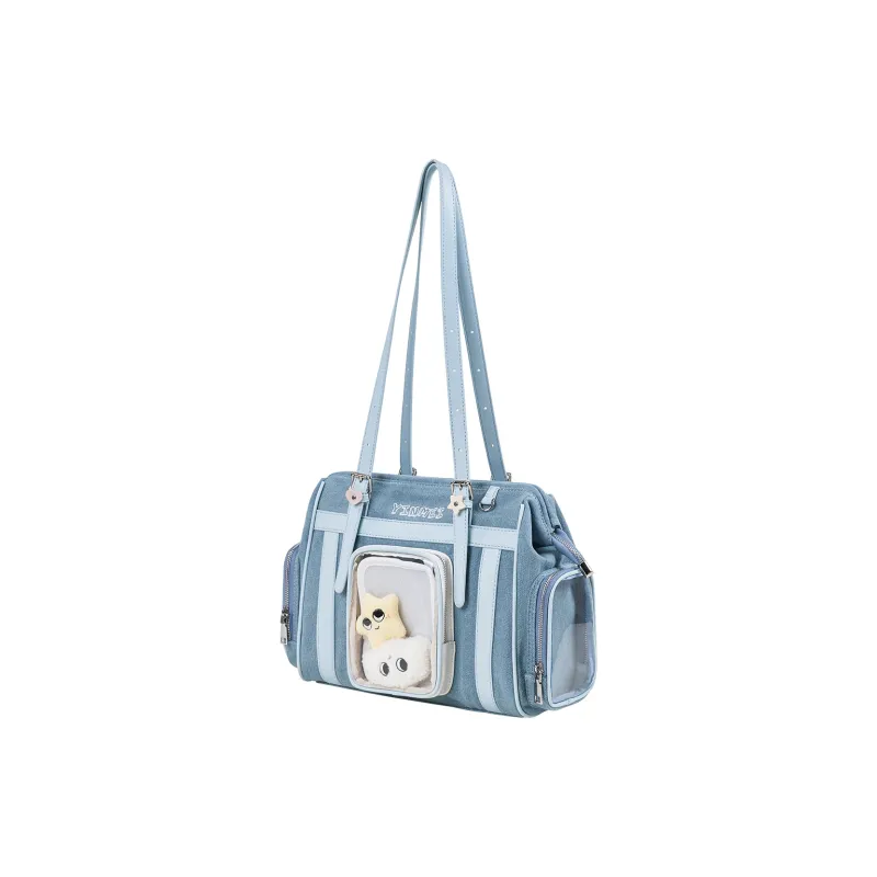 Sound For Life Fabric Double Shoulder Crossbody Bag, Shoulder Bag Women's Denim Blue/Ecru-1