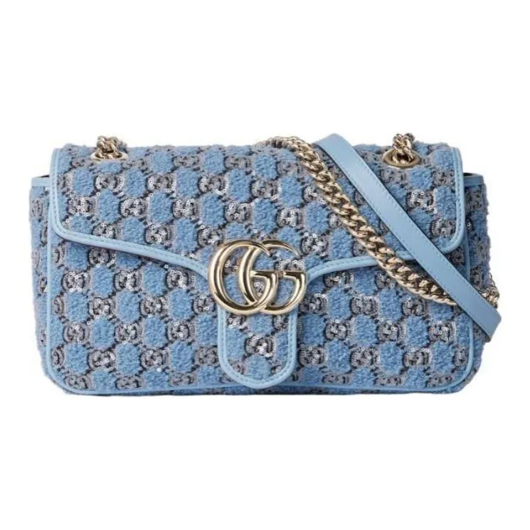 GUCCI GG Marmont Tweed Crossbody Bag, Shoulder Bag Trumpets Women's Blue-0