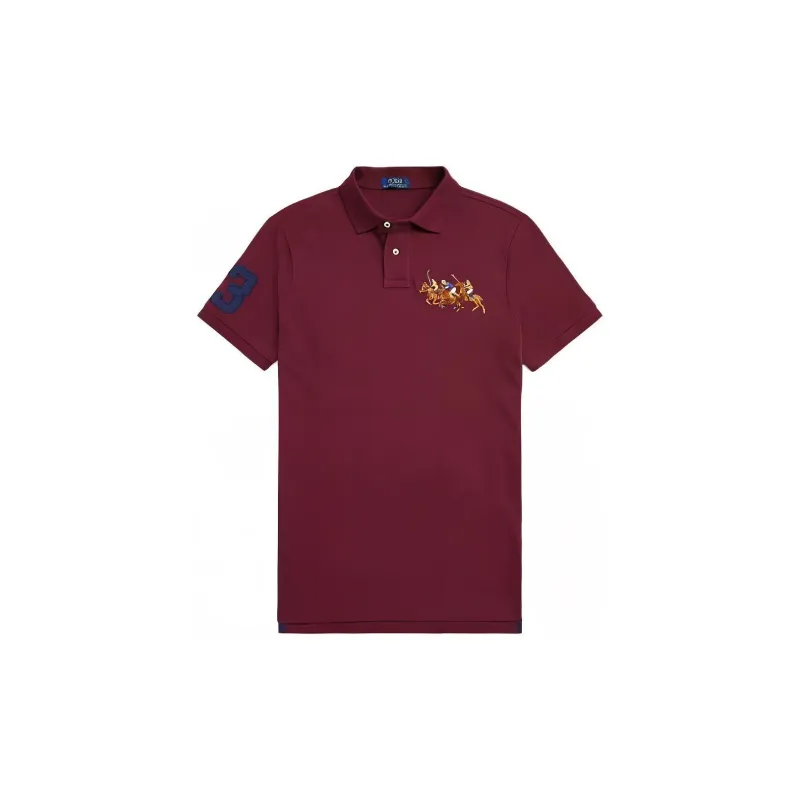 Polo Ralph Lauren FW22 Custom Slim Fit Solid Color Three Horse Pony Short Sleeved Men's Red-2