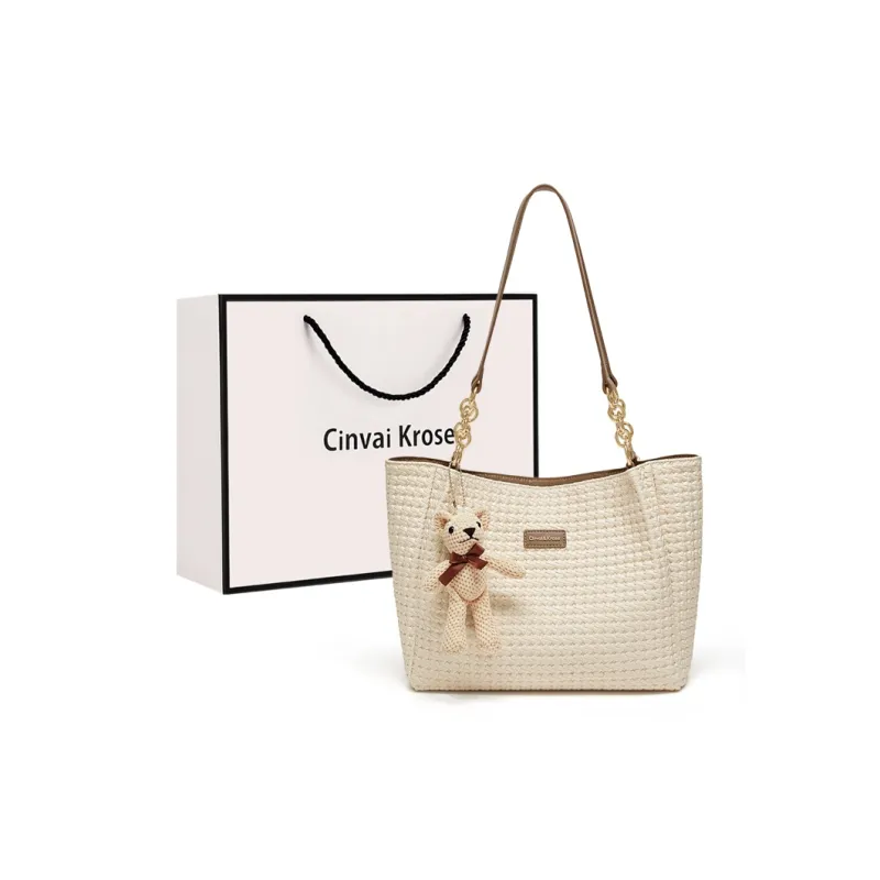Simvay Clos PVC And Synthetic Leather Shoulder Bag Handheld Tote Shopping Bag Large Size Women's Coffee/Ecru-8