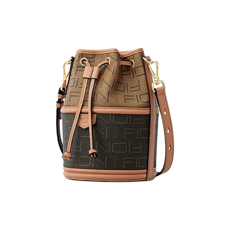 FION Coated Canvas Bucket Bag Portable Crossbody Bag Shoulder Bag Medium Size Women's Coffee With Caramel-2