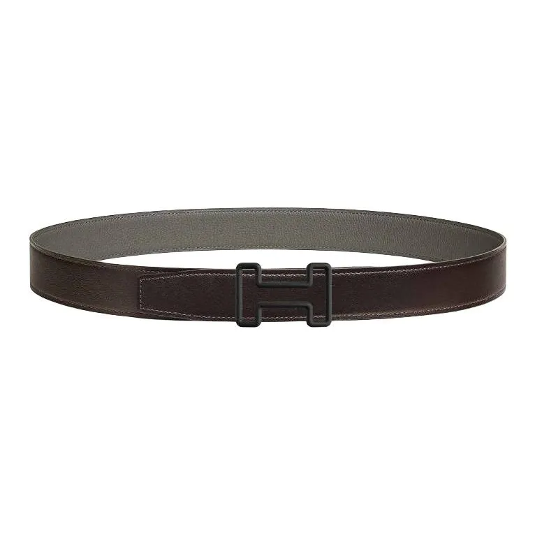 HERMES Calfskin Leather Belts Men's Dark Brown Width 3.2CM-0