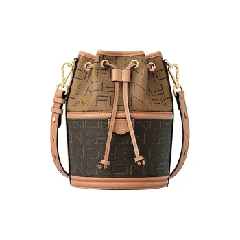 FION Coated Canvas Bucket Bag Portable Crossbody Bag Shoulder Bag Medium Size Women's Coffee With Caramel