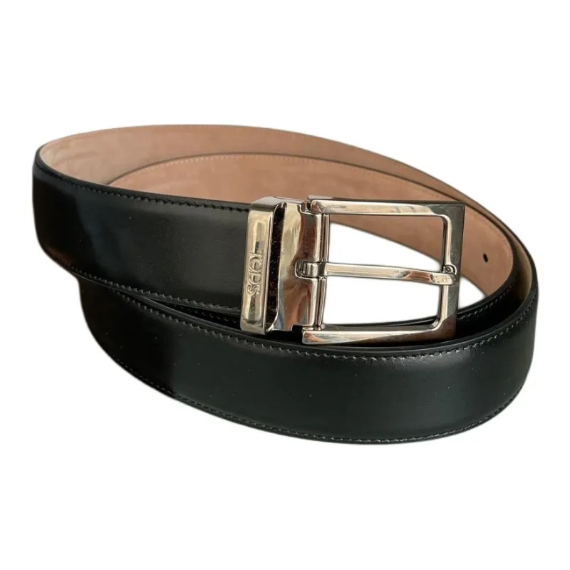 TOD'S Metal Leather Belts Men's Black Width 3.5CM-0
