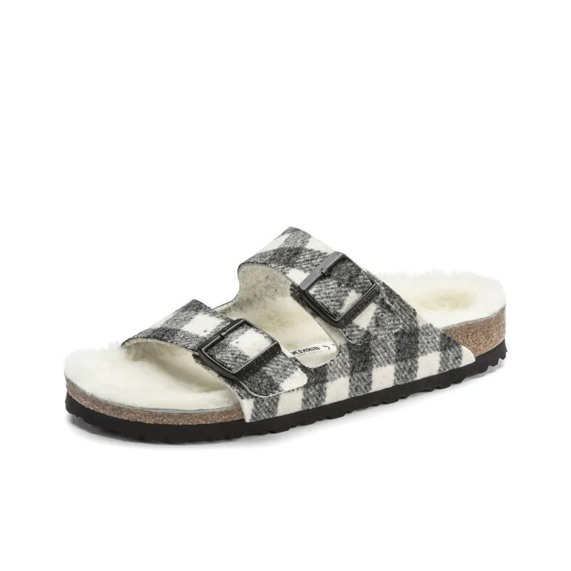 Birkenstock Arizona Shearling Slip-Resistant Slide Slippers Women's Black White Narrow Fit-2