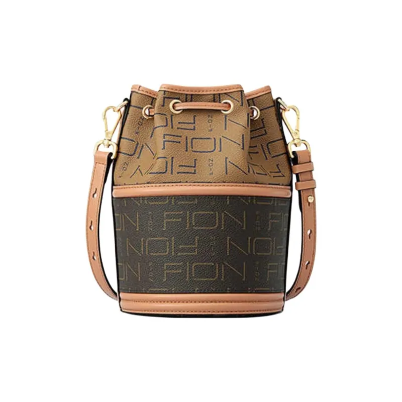 FION Coated Canvas Bucket Bag Portable Crossbody Bag Shoulder Bag Medium Size Women's Coffee With Caramel-3