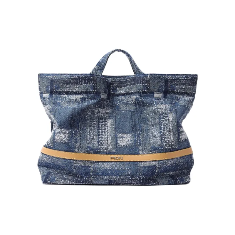 FION Cow Leather Tote Bag Shopping Bag Crossbody Bag Shoulder Bag Regular Women's Blue/Light Camel-4