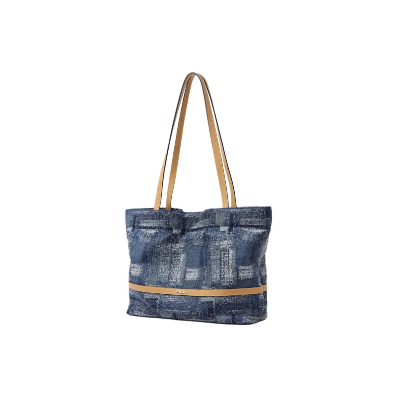FION Cow Leather Tote Bag Shopping Bag Crossbody Bag Shoulder Bag Regular Women's Blue/Light Camel-1