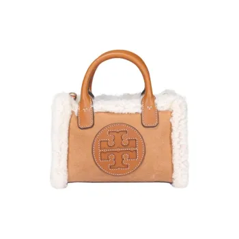 TORY BURCH Ella Leather Lambswool Tote Bag Shopping Bag Shoulder Bag Crossbody Bag Handbag Mini Women's Camel
