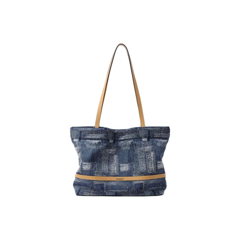 FION Cow Leather Tote Bag Shopping Bag Crossbody Bag Shoulder Bag Regular Women's Blue/Light Camel-2