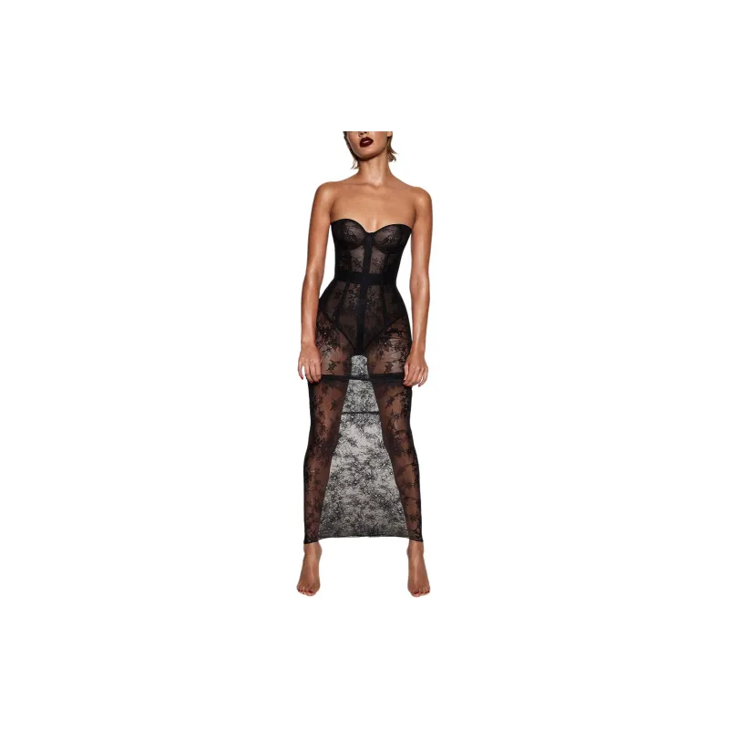 SKIMS ULTRA FINE LACE STRAPLESS CORSET LONG DRESS Sleeveless Dress Women's ONYX/Onyx-1