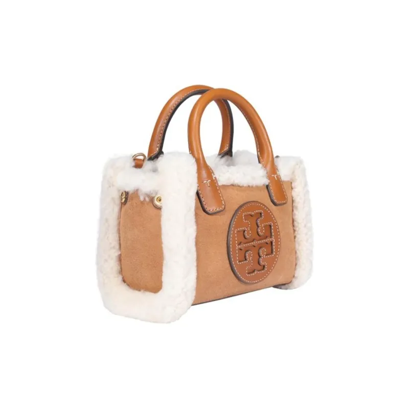 TORY BURCH Ella Leather Lambswool Tote Bag Shopping Bag Shoulder Bag Crossbody Bag Handbag Mini Women's Camel-1