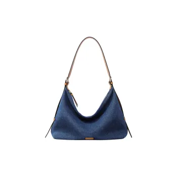FION Cow Leather Fabric Hobo Bag Crossbody Bag Shoulder Bag Women's Blue & Light Camel
