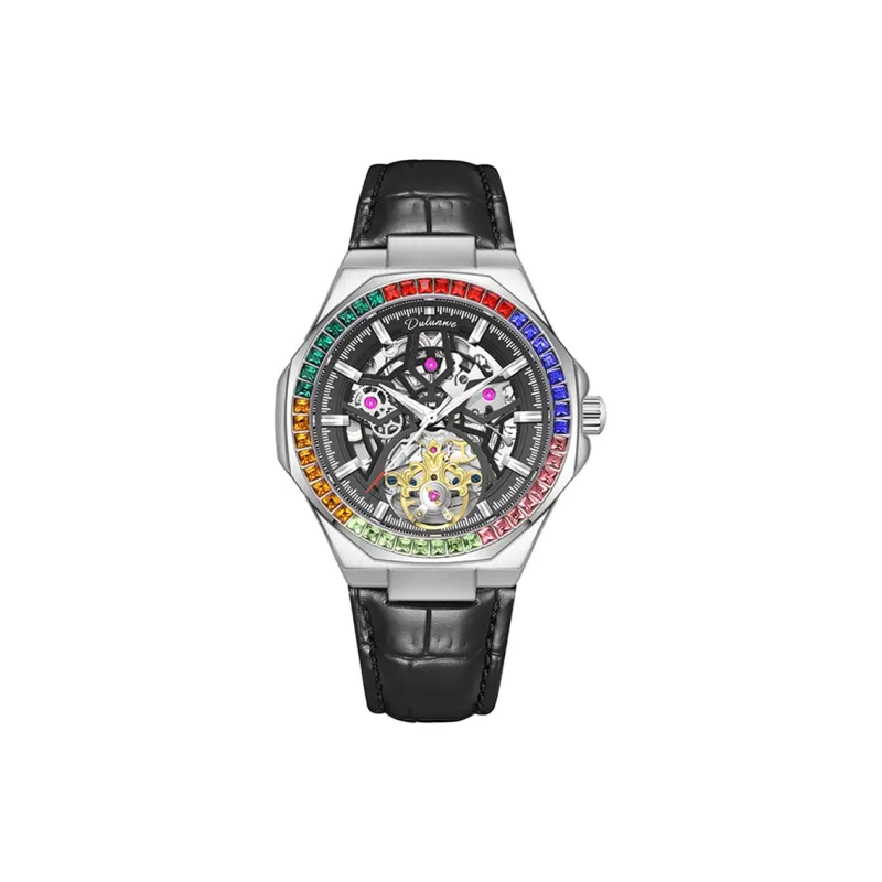 Dulunwe Mechanical Movement Cowhide Strap Watch Men's Watches Cut-Out Dial-2