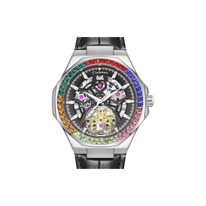 Dulunwe Mechanical Movement Cowhide Strap Watch Men's Watches Cut-Out Dial-3