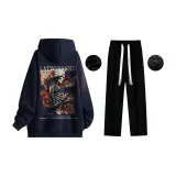 Fleece-Lined Set (Navy Blue Fleece-Lined Sweatshirts+Black Fleece-Lined Casual Pants)