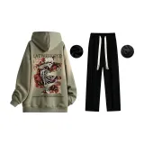 Fleece-Lined Set (Moss Green Fleece-Lined Sweatshirts+Black Fleece-Lined Casual Pants)