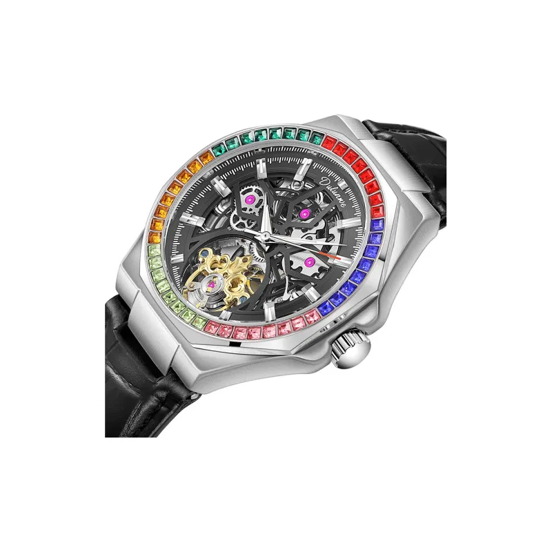 Dulunwe Mechanical Movement Cowhide Strap Watch Men's Watches Cut-Out Dial-4