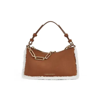 CHARLES&KEITH PU, Textile Mixture One Shoulder Handbags Small Size Women's Brown