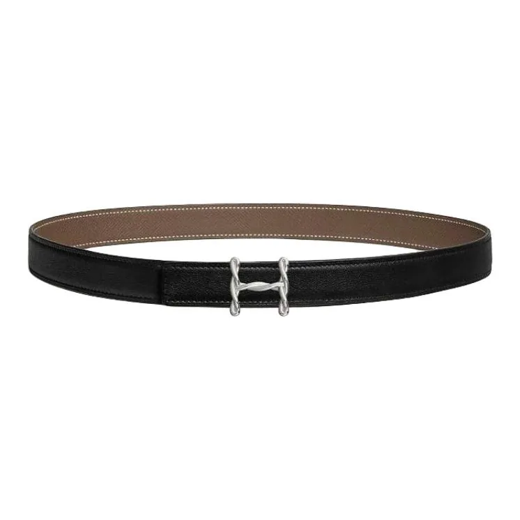 HERMES Calfskin Leather Belts Women's Black/Taupe Width 2.4CM-0